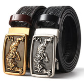 Men Leather Belt with Tiger Carved Buckle Black Gold