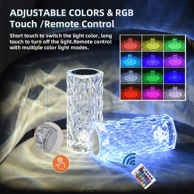 Rose Diamond Crystal Table Lamp – 16 Color RGB Touch Sensor Light with Remote Control – USB Charging Portable Atmosphere Lamp