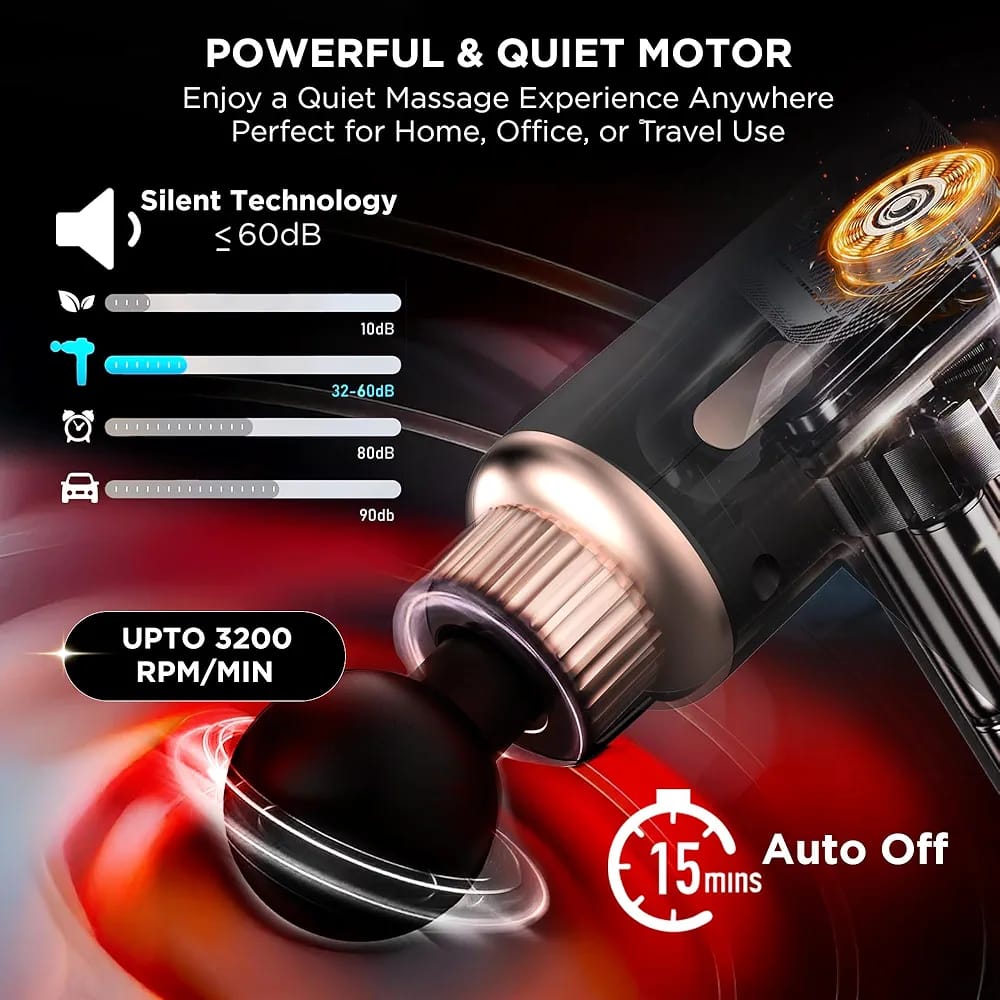 Rechargeable Massage Gun | 3000mAh Battery | 4 Speed Levels | 4 Removable Heads Electric Full Body Gun Massager, Pain Relief Cordless Deep Tissue Massage Machine