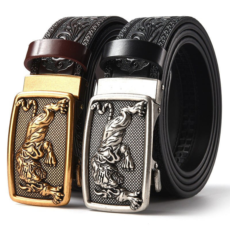 Men Leather Belt with Tiger Carved Buckle Black Gold