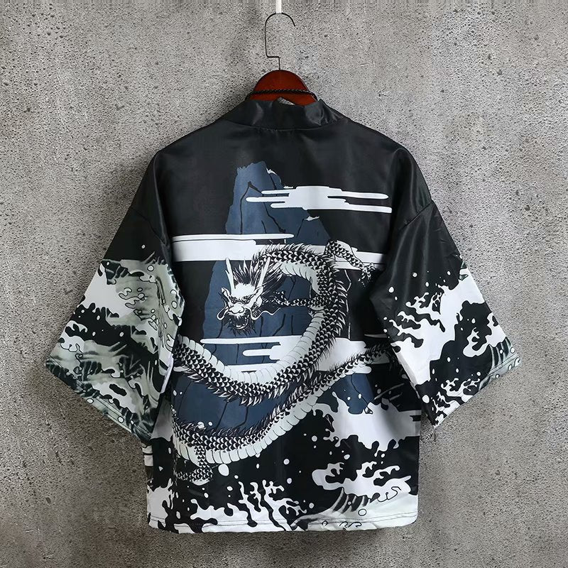 Men's Black Dragon Kimono Cardigan Summer Beach Shirt